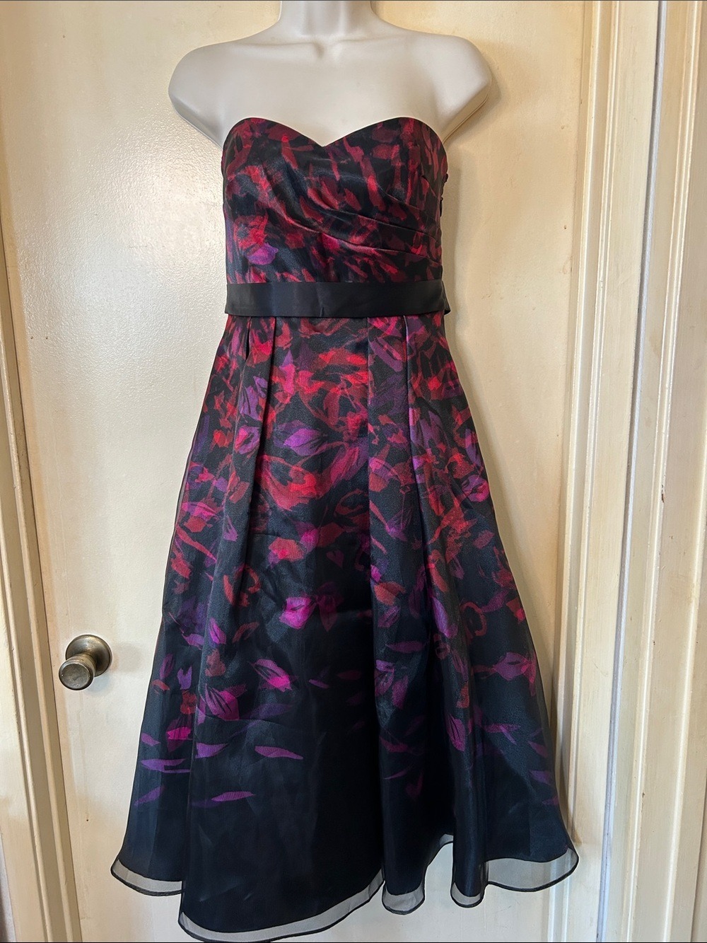 Aiden Maddox Pink and Purple Floral Dress with Black Organza Overlay size 4